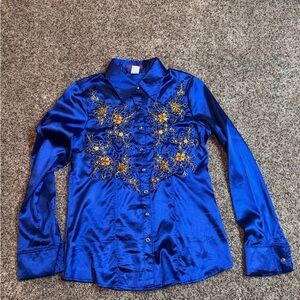 Blue Satin Button Down Shirt with Yellow Appliqué Embellishments
